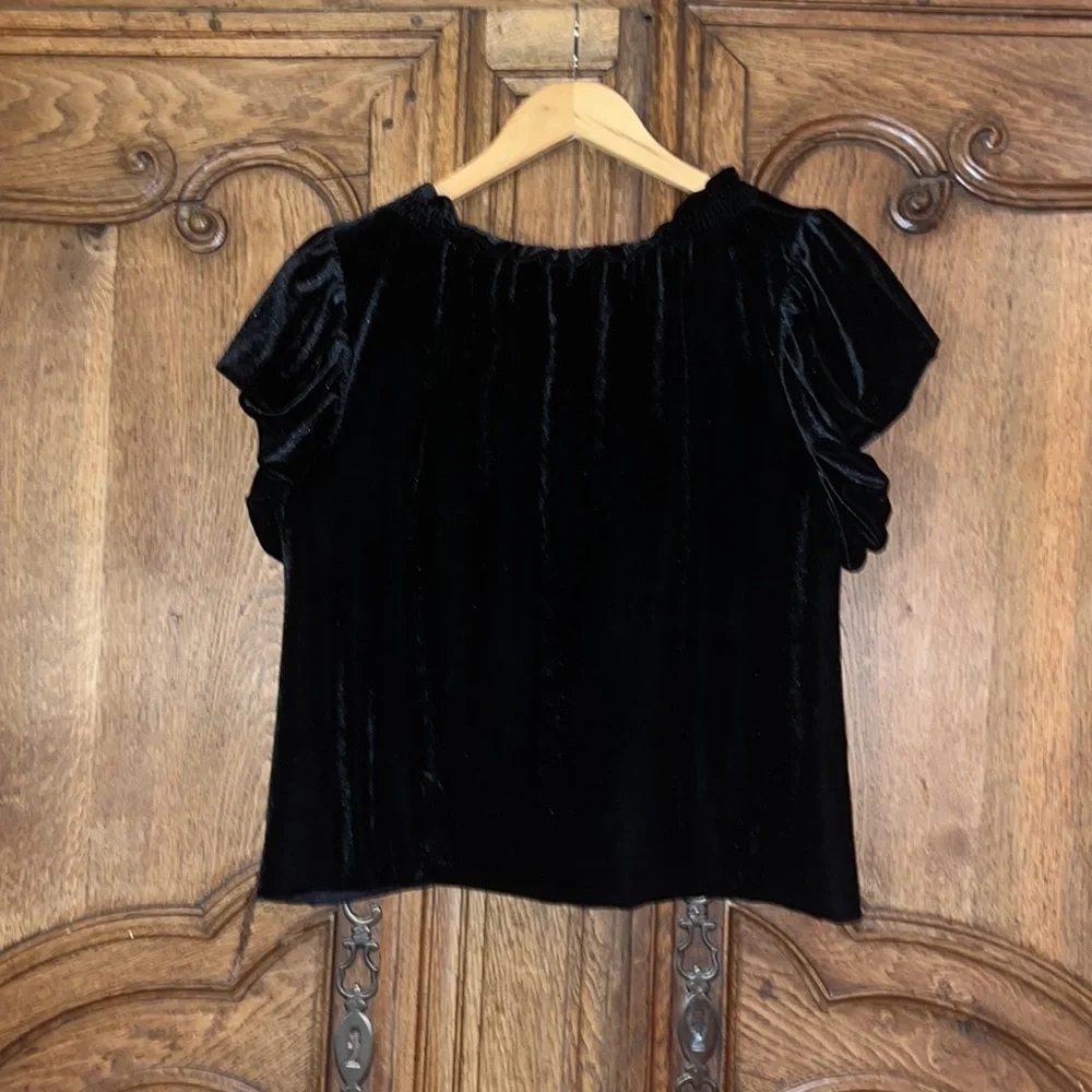 Free People Terese Velvet Ruffled Keyhole Tie Neck Short Puffed Sleeve T… - Picture 11 of 13